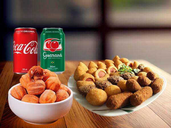 🛎️ 30 Salgadinhos + 10 Mini Churros + Refri [Coca ou Guaraná]